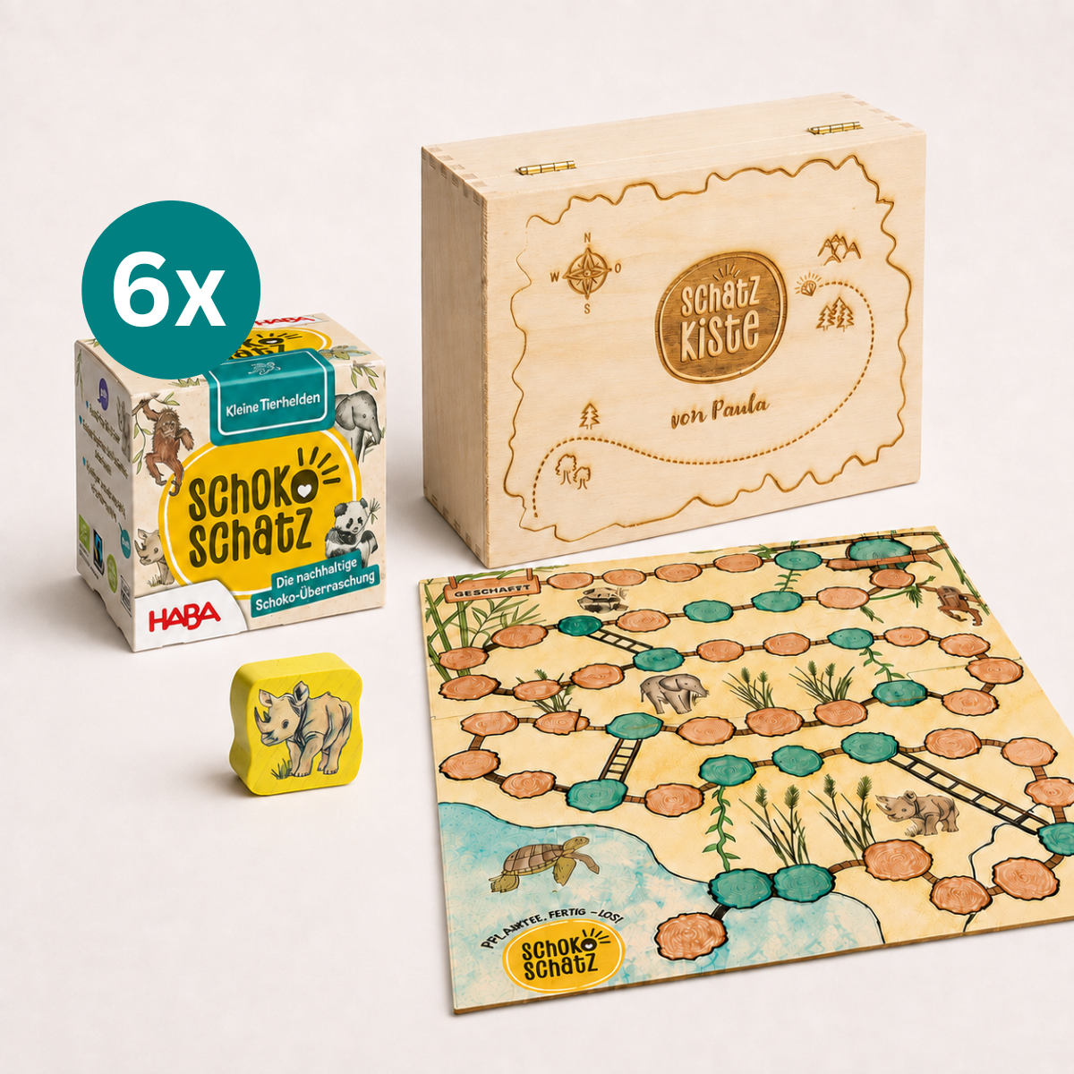 Geschenkset Kleine Tierhelden – 6er-Pack SchokoSchatz mit Leiterspiel und Schatzkiste