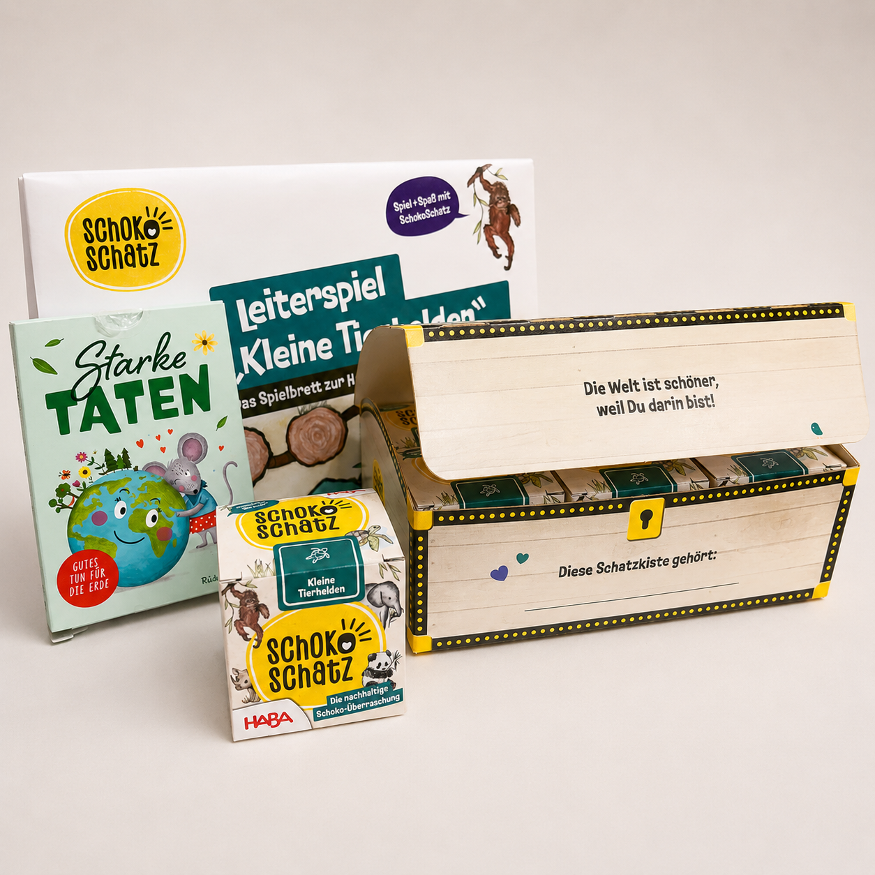 Geschenkset Kleine Tierhelden – 6er-Pack SchokoSchatz mit Leiterspiel und Umweltkarten