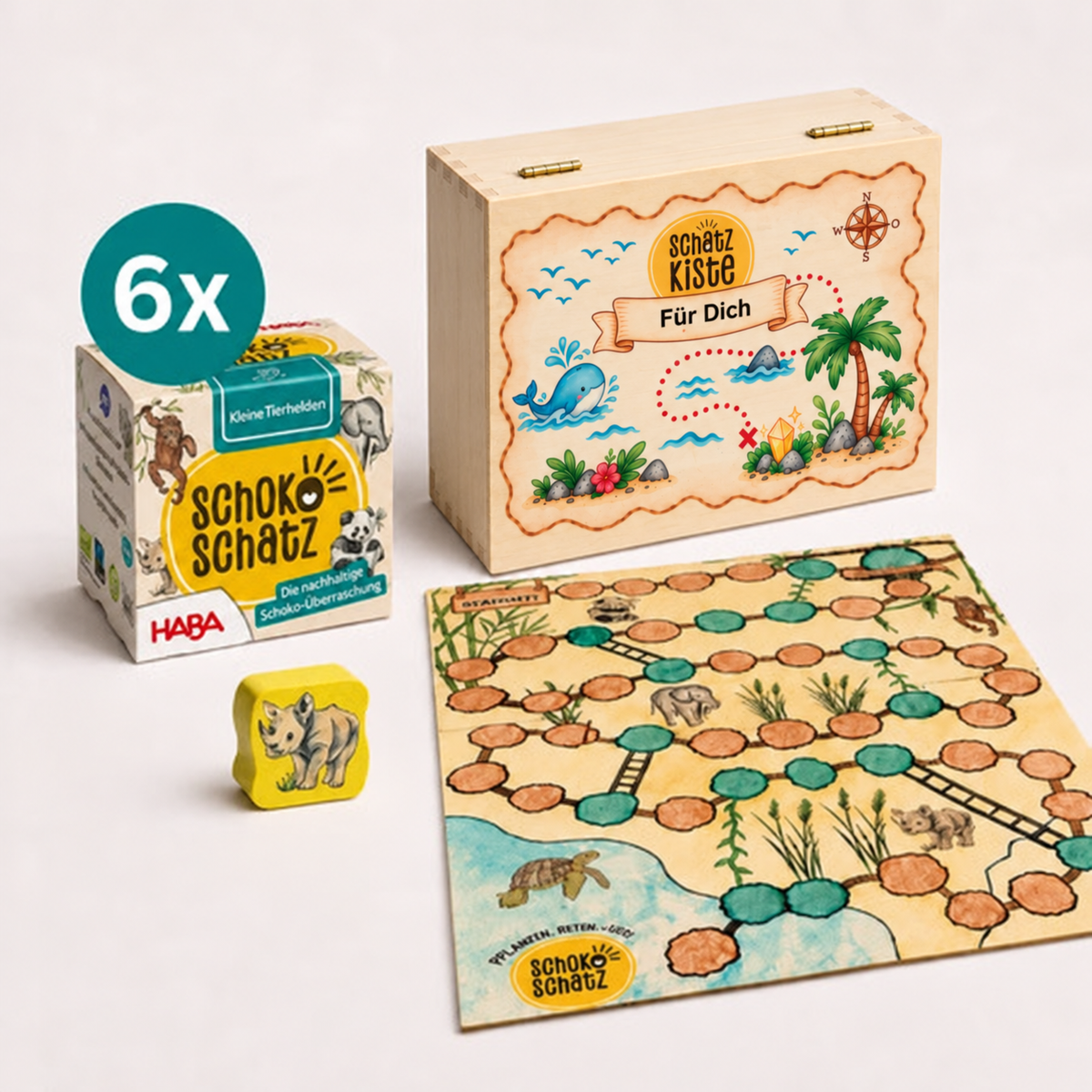 Geschenkset Kleine Tierhelden – 6er-Pack SchokoSchatz mit Leiterspiel und Schatzkiste